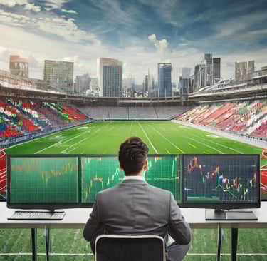 uomo davanti a degli schermi con grafici di trading dentro un campo da calcio