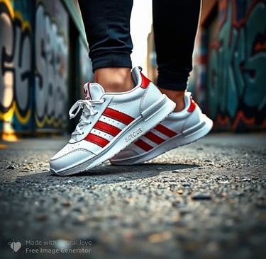 A pessoa está usando um tênis Adidas vermelho e branco enquanto está parada na rua.