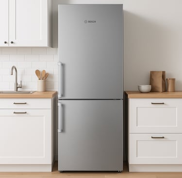 Bosch fridge in a modern kitchen with white cabinets and wood countertops.