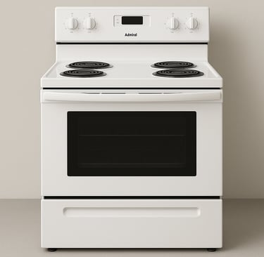 White Admiral electric stove and oven positioned beside a list of common repair issues