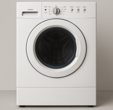 Front-load Admiral washing machine in a modern laundry setting, placed beside a detailed list of com