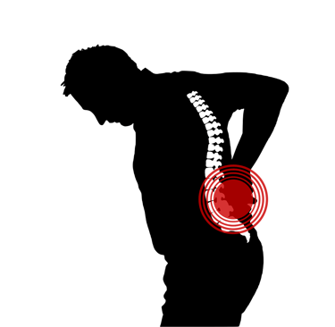 Image shows a man with an intense back pain, bending forward because of it