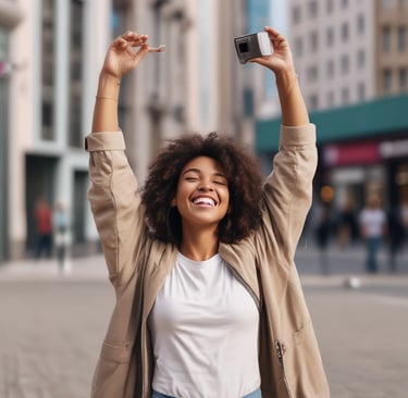 A pair of black over-ear headphones rests on top of a tablet displaying a music streaming app. Various music categories and album art are visible on the screen.
