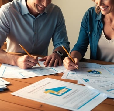 image of husband and wife reviewing papers, writing an offer to buy a Catonsville house
