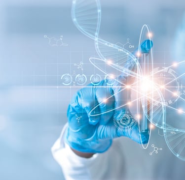 Gene therapy innovation visual showing DNA strand on transparent monitor for research biosafety cons