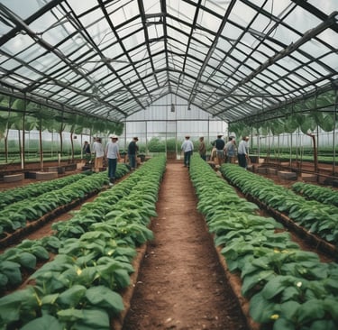 A vibrant market scene with a variety of fresh produce displayed in woven baskets. The produce includes red chili peppers, pineapples, ginger, onions, garlic, and various other fruits and vegetables. A woman is handling the peppers, while a few other people are seen in the background.