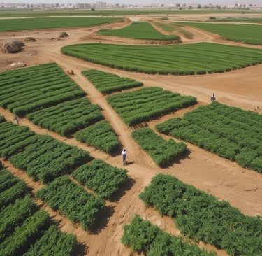 A farming landscape featuring a large plastic-covered structure with a network of metal arches, possibly greenhouses, in the background. A fenced off area includes a piled dirt embankment and a yellow storage container. A pump system is attached, with pipes extending across the scene. Sandbags and black plastic sheeting are used for reinforcement and covering.