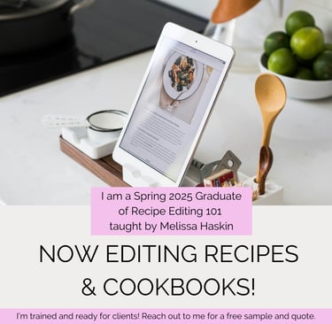 Certificate from Melissa Haskin's Recipe Editing 101 course