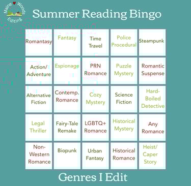 MWE's summer reading bingo sheet. Genres I edit is the theme.