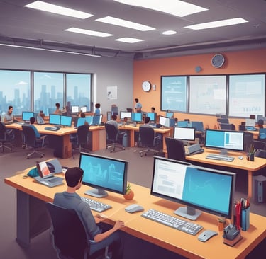 A modern newsroom with journalists working on computers.