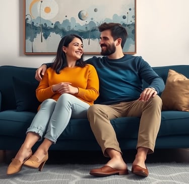 Casal a conversar num ambiente acolhedor de sala moderna.