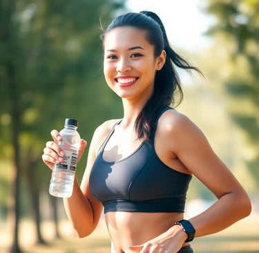Mulher a correr de manhã num parque, com roupa de desporto e expressão focada
