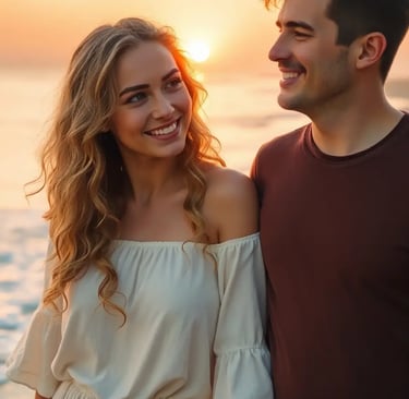 Casal a sorrir juntos ao pôr do sol