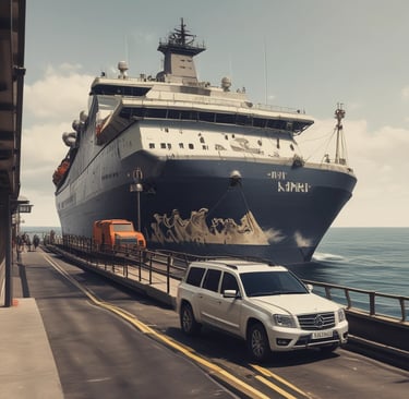 A moving truck with company branding is parked next to an open shipping container on a trailer. Two people are handling items near the container, while a car is parked in the background. The sky is overcast, and the ground appears to be asphalt.