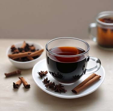 Various spices are arranged on a white plate and in a decorative bowl. The bowl contains colorful ground spices, including yellow turmeric, brown cumin, and red chili powder. On the plate are whole spices such as star anise, cinnamon sticks, fennel seeds, bay leaves, and cardamom pods. In the background, there is a plate with sliced onions and a bowl of green leafy vegetables.