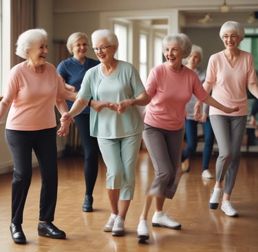 a group of elderly people dancing in a dance floor
