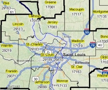 A map of St. Louis and the surrounding cities