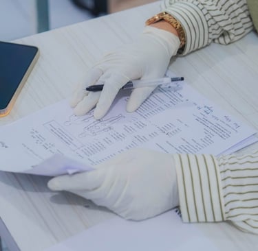 Tenaga medis mengenakan sarung tangan sedang memeriksa dokumen rekam medis