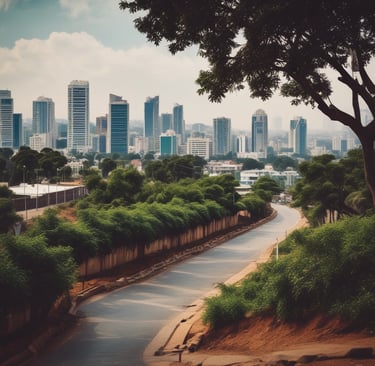 A person walks past a large advertising billboard for lifestyle serviced apartments. The billboard features text promoting one to three bedroom units with social facilities. In the background, a partially demolished or deteriorating building is visible. The scene is in black and white, adding a stark contrast to the modern advertisement and the old structure.