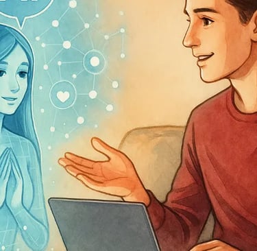 AI companion; a man and woman sitting on a couch