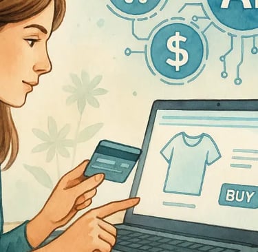 Buying with AI; a woman is holding a credit card and looking at her credit card