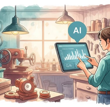 AI in manufacturing: a woman in a blue shirt is holding a tablet computer