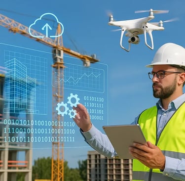 AI construction; a man in a hard hat and safety vest holding a tablet computer and a tablet
