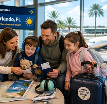 Family preparing for a Florida holiday at the airport with a neurodiverse child