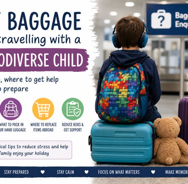 Alt text:  A young child wearing ear defenders sits on a suitcase in an airport baggage reclaim area