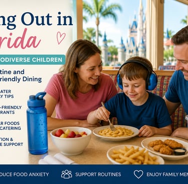 Alt text: Family enjoying a relaxed meal at a Florida theme park restaurant, with a neurodiverse ch