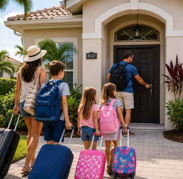 Family arriving at a private Florida holiday villa with luggage, ideal autism-friendly accommodation