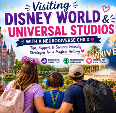 Family with a neurodiverse child at Disney World and Universal Orlando, highlighting autism-friendly