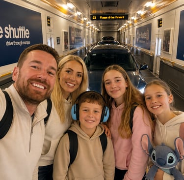 **Alt text:**  *Family of five travelling through the Eurotunnel LeShuttle on their way to Disneylan