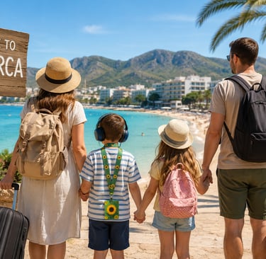 **SEO Alt Text:**  **"Family of four arriving in Majorca for their first holiday abroad, walking alo