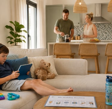 Child relaxing in a quiet private villa while parents prepare drinks during an autism-friendly famil