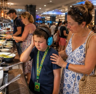Child with ear defenders feeling overwhelmed in a busy hotel buffet as a parent offers reassurance