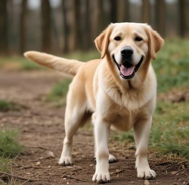 A dog with a brown and black coat is leaning on a wooden surface, eagerly trying to reach several dog treats scattered in front of it. The background features a grassy area with blurred details.