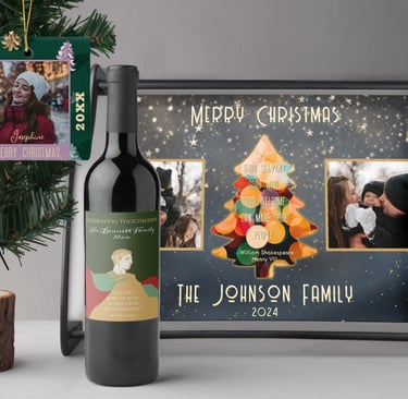 Custom Christmas wine label, Christmas ornament and personalized serving tray