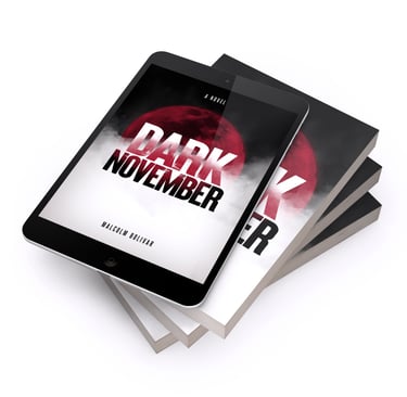 Dark November Ebook on top of a stack of paperback books