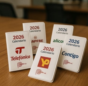 Calendarios de bolsillo personalizados 2026 con logos de empresas en Lima, Perú, diseño práctico y colorido sobre mesa de ofi
