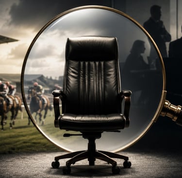 Executive office chair under a magnifying glass with a horse race and business meeting in the background.