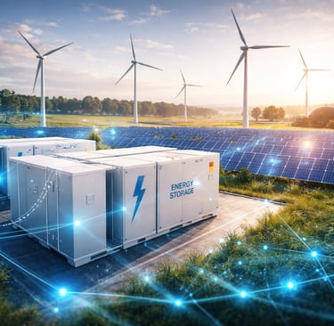 Digitale Illustration eines virtuellen Kraftwerks mit großen Batteriespeicher-Containern