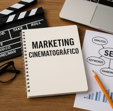 Mesa de trabajo con cuaderno titulado 'Marketing Cinematográfico', claqueta de cine, gafas, gráfico