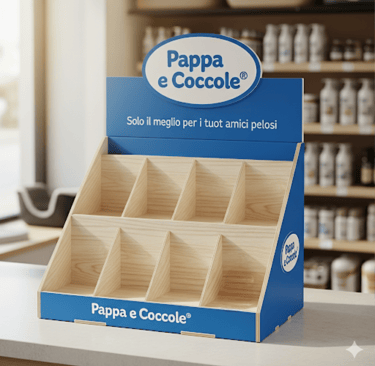 Espositore da banco Pappa & Coccole® per negozi, con biscotti per cani."