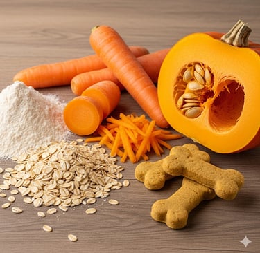 Primo piano di verdure fresche e salutari, materie prime dei biscotti artigianali per cani