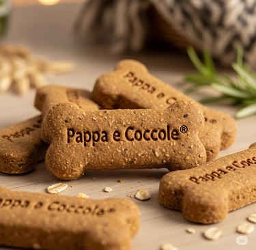 Vassoi di biscotti per cani appena sfornati, pronti per il confezionamento nel nostro laboratorio ar