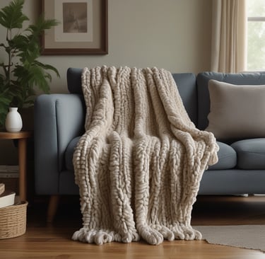 A cozy living room featuring a chunky knit blanket draped over a stylish sofa.
