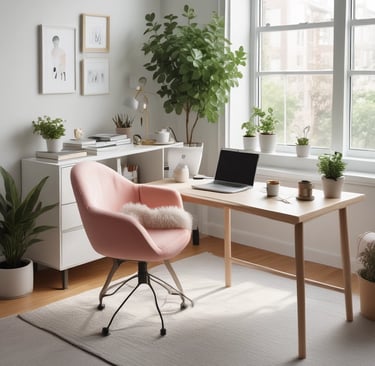 A serene home office setup with natural light and plants.