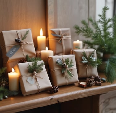 A beautifully wrapped gift box surrounded by seasonal decorations.