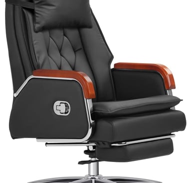 a black and white office chair with a leather reclining chair